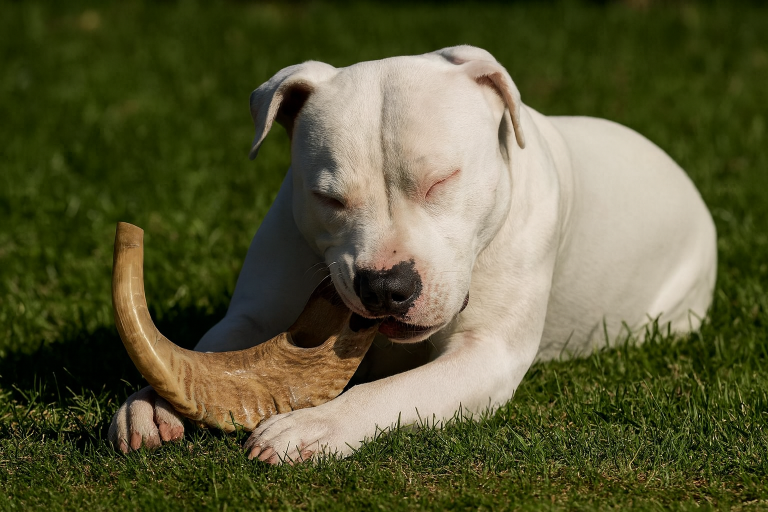 Samy se régale à mâcher une corne de mouton
