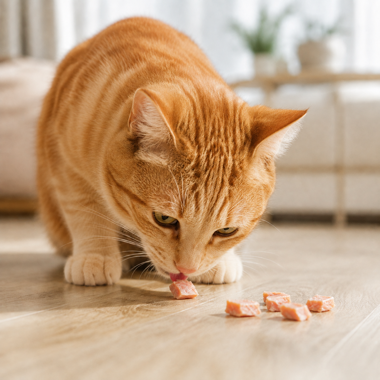 Chat roux dégustant des snacks au saumon