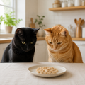 Chat noir et chat roux devant des snacks à la dinde