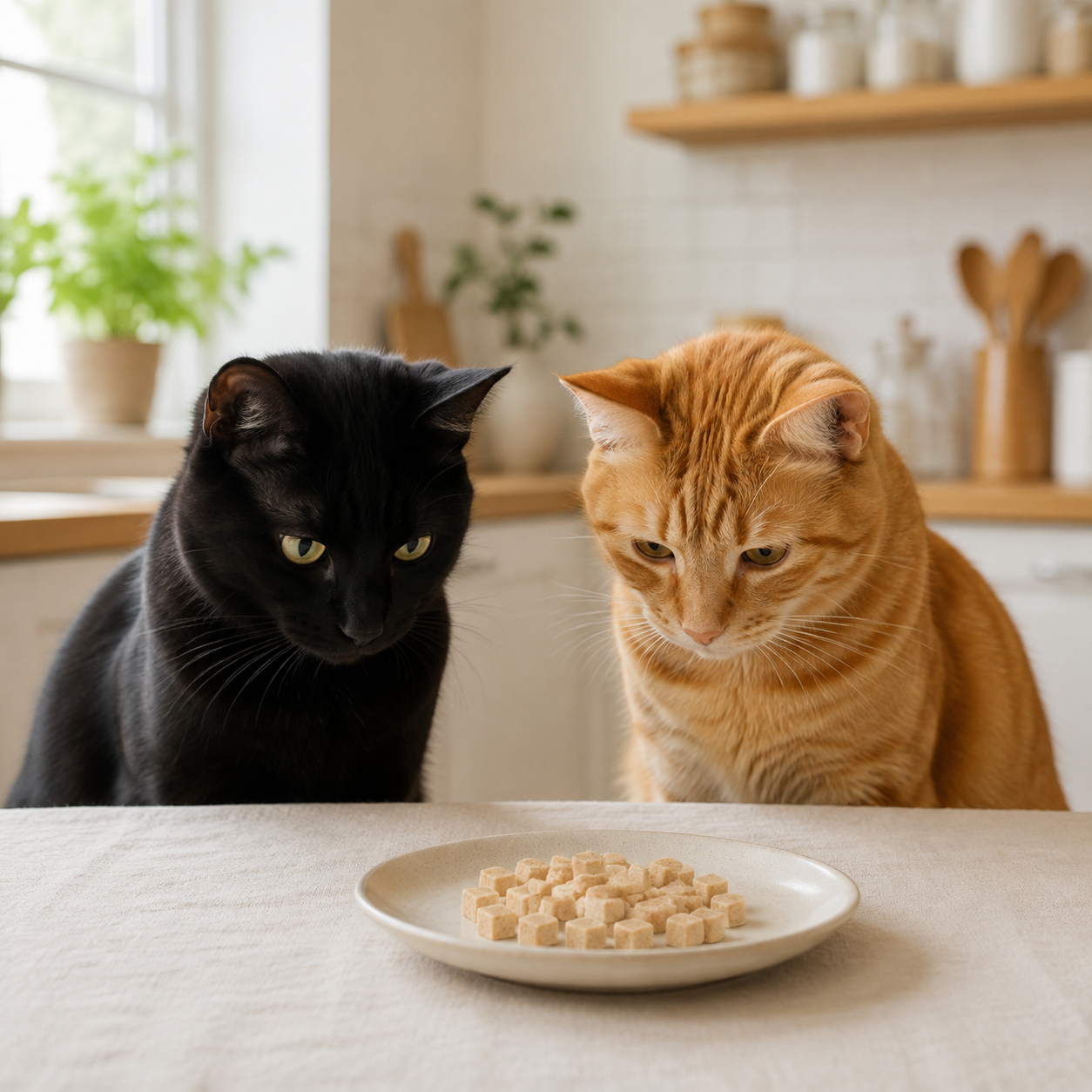 Chat noir et chat roux devant des snacks à la dinde