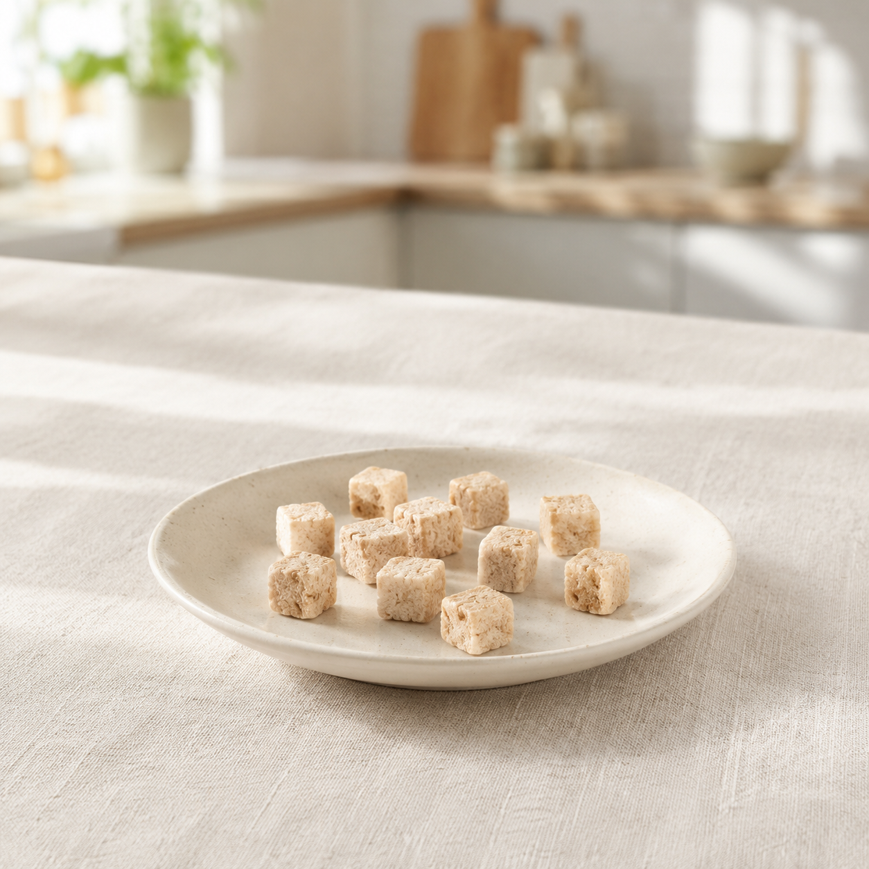 Friandises à la dinde dans une assiette posée sur une nappe