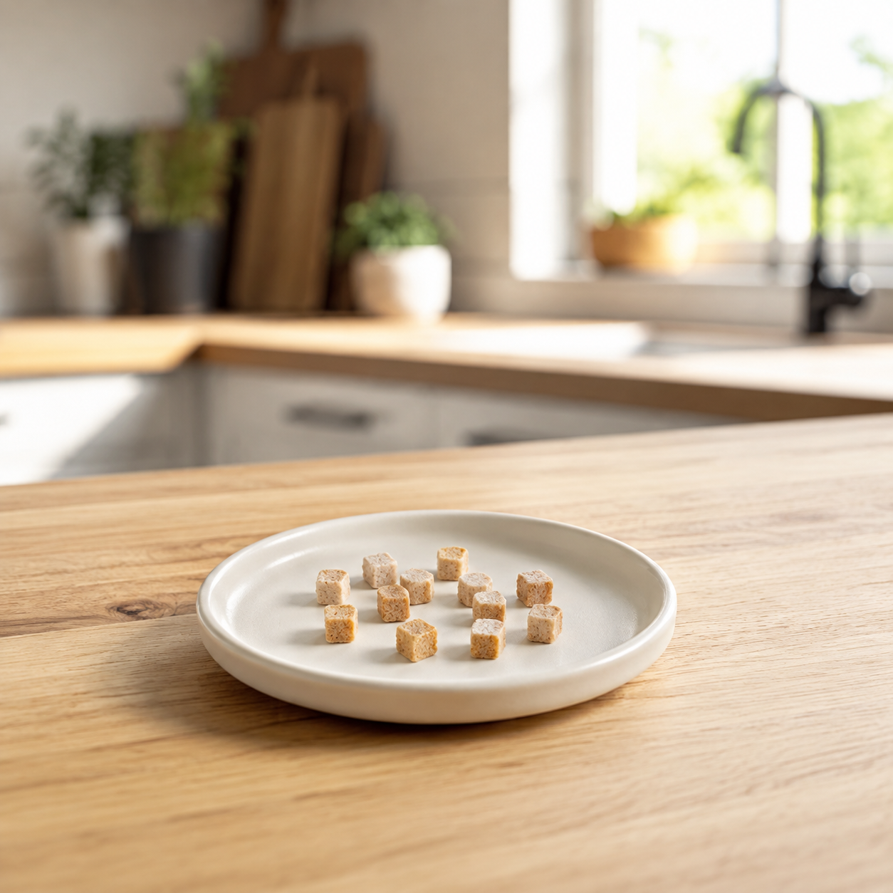 Friandises au saumon pour chat dans une assiette sur une table de cuisine